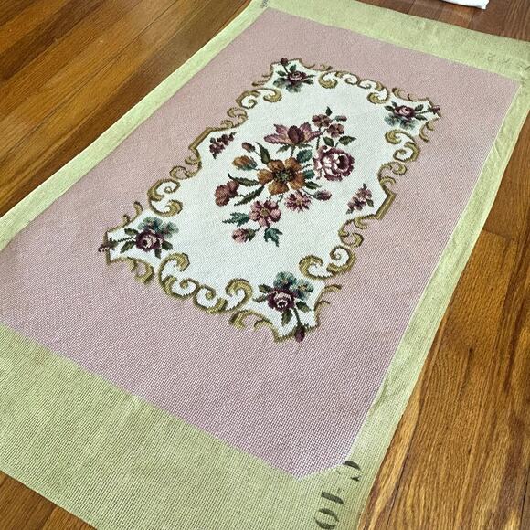 Vintage Pink Floral Needlepoint with Roses and Scroll Design Unframed - Picture 5 of 15
